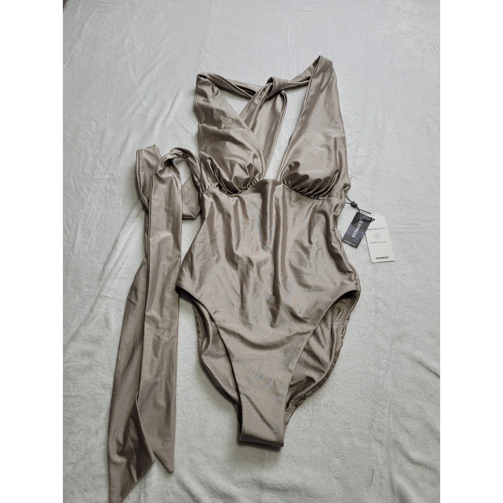 NWT Express One Piece Swimsuit Women S Champagne Body Contour Metallic Swim